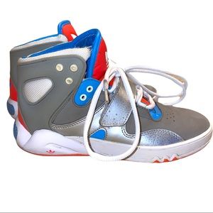 Adidas Orange and Blue Roundhouse High Top Basketball Sneakers